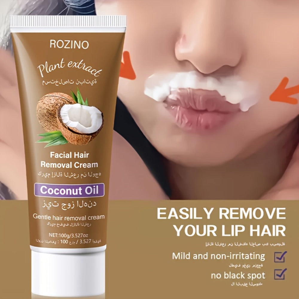 Coconut Hair Removal Cream 100g — Painless Depilatory for Women, Face Legs Armpits Bikini Area, Gentle Sensitive Skin Formula, Semi-Permanent Smooth Results