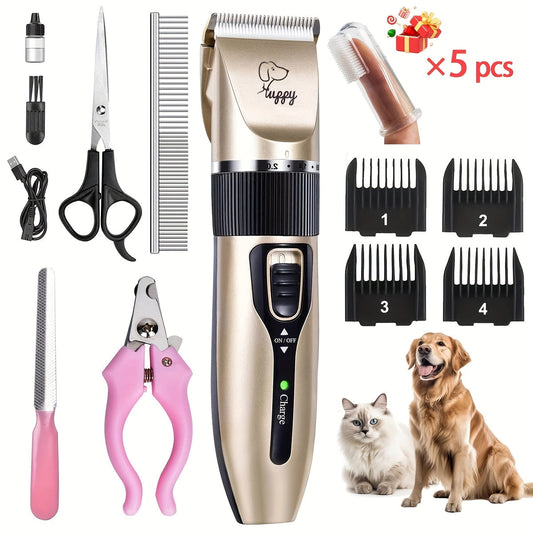 12-in-1 Pet Hair Trimmer Kit USB Rechargeable - Professional Cordless Electric Clippers for Dogs Cats Puppies Kittens, Adjustable Blade 5 Guide Combs Nail Clipper Scissors, Silent Home Grooming Set
