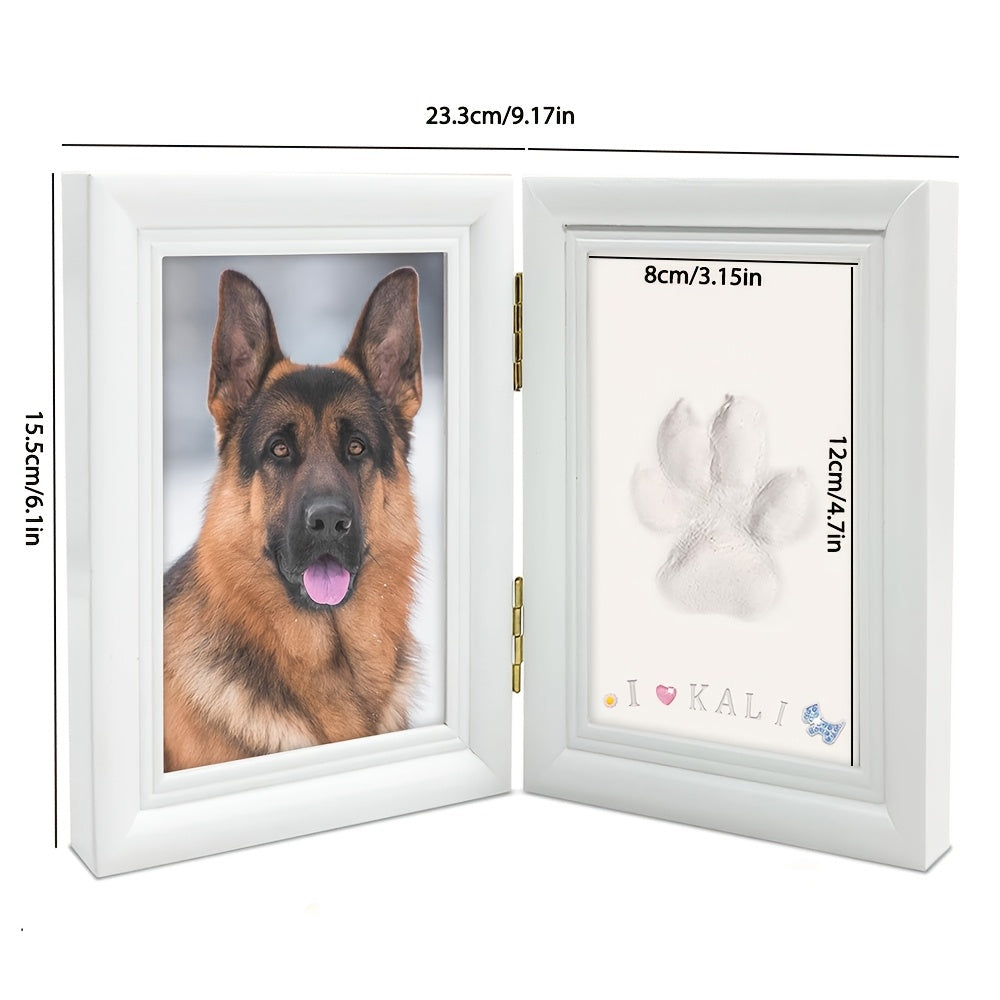 Pet Paw Print Frame Kit with Clay Impression – Wooden Photo Frame Keepsake for Dogs & Cats, Tabletop Memorial Gift, Home Decor Commemorative Set, White