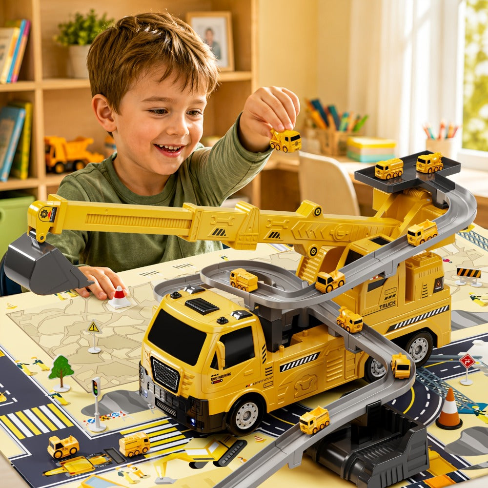 Crane Racing Track Toy Set – 3-in-1 Construction Playset with Excavator, 8 Cars, Lights & Sounds