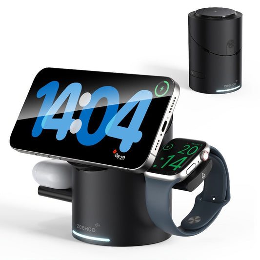 Qi2 3-in-1 Wireless Charging Station 15W ZEEHOO CylinTrick-R Cylindrical Rotating Magnetic Stand Hidden Pop-Up Charger Touch Activated for iPhone 17 16 15 14 13 12 Pro Max, Apple Watch Ultra Series 10 9 8 7 SE, AirPods 4 3 2 Pro – White Black