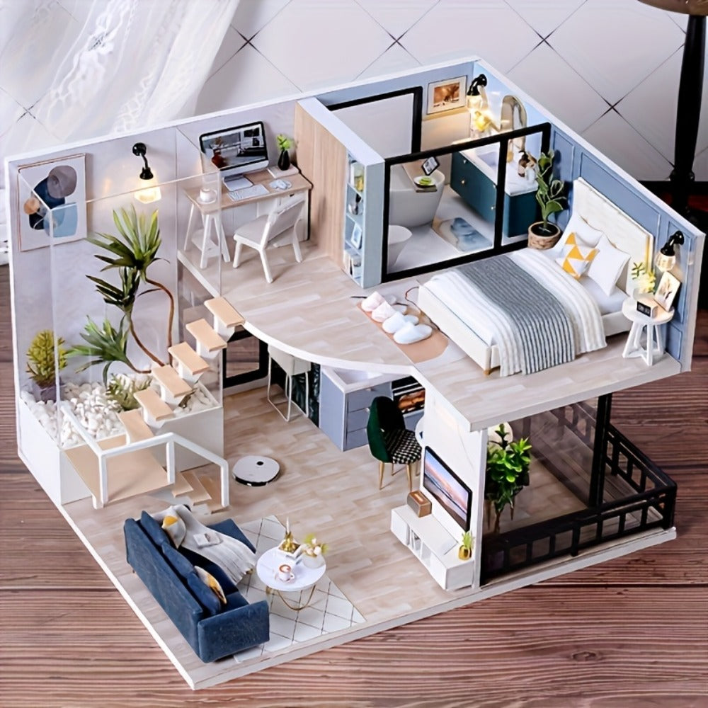 Two-Story Wooden Cottage 3D Puzzle Kit with Furniture and Tools