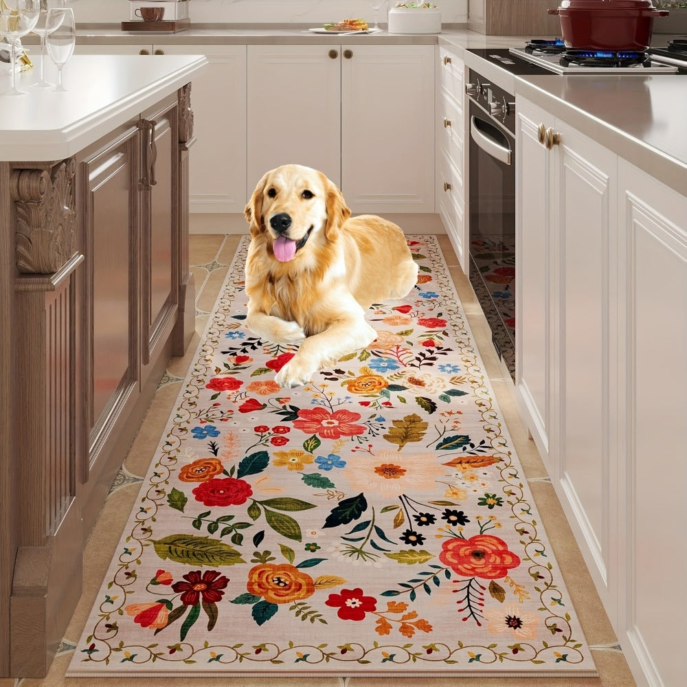 Bohemian Floral Plush Rug Non-Slip Machine Washable – Soft Floral Runner Mat for Bedroom, Kitchen, Bathroom, Entryway & Living Room – Easy Clean Indoor Home Decor Mat, 4 Sizes