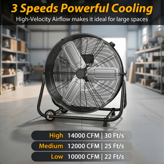 Industrial Drum Fan with 3 Speeds & 180° Tilt, 24- and 30-Inch Options