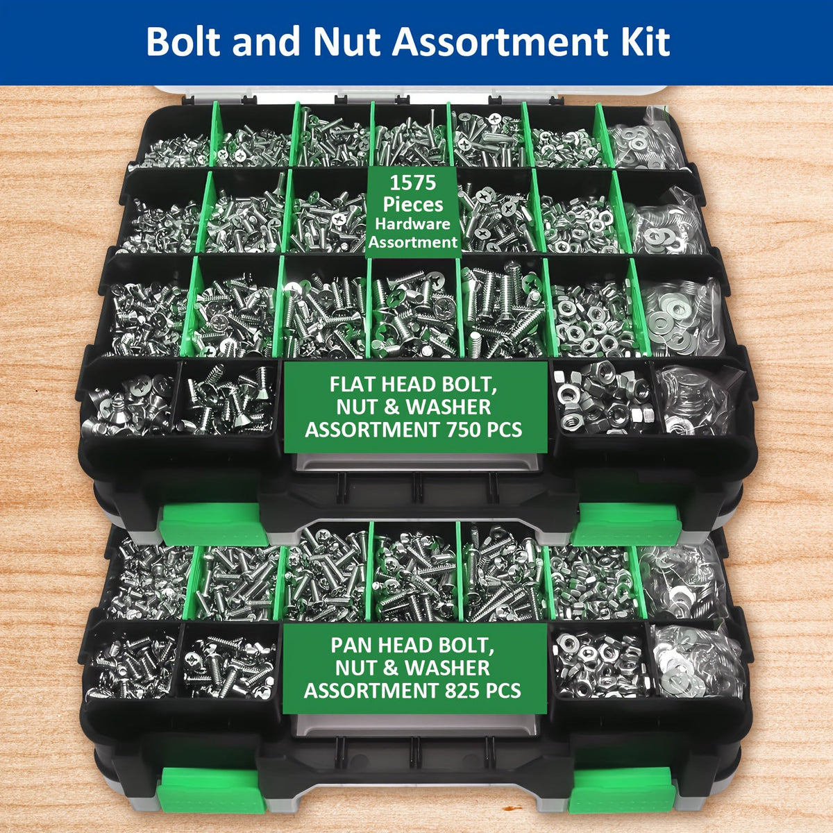 1575pcs 304 Stainless Steel Nuts and Bolts Assortment Kit – Pan Head Flat Head Screws Nuts Washers with Double-Sided Storage Box for Home & Mechanical Repairs