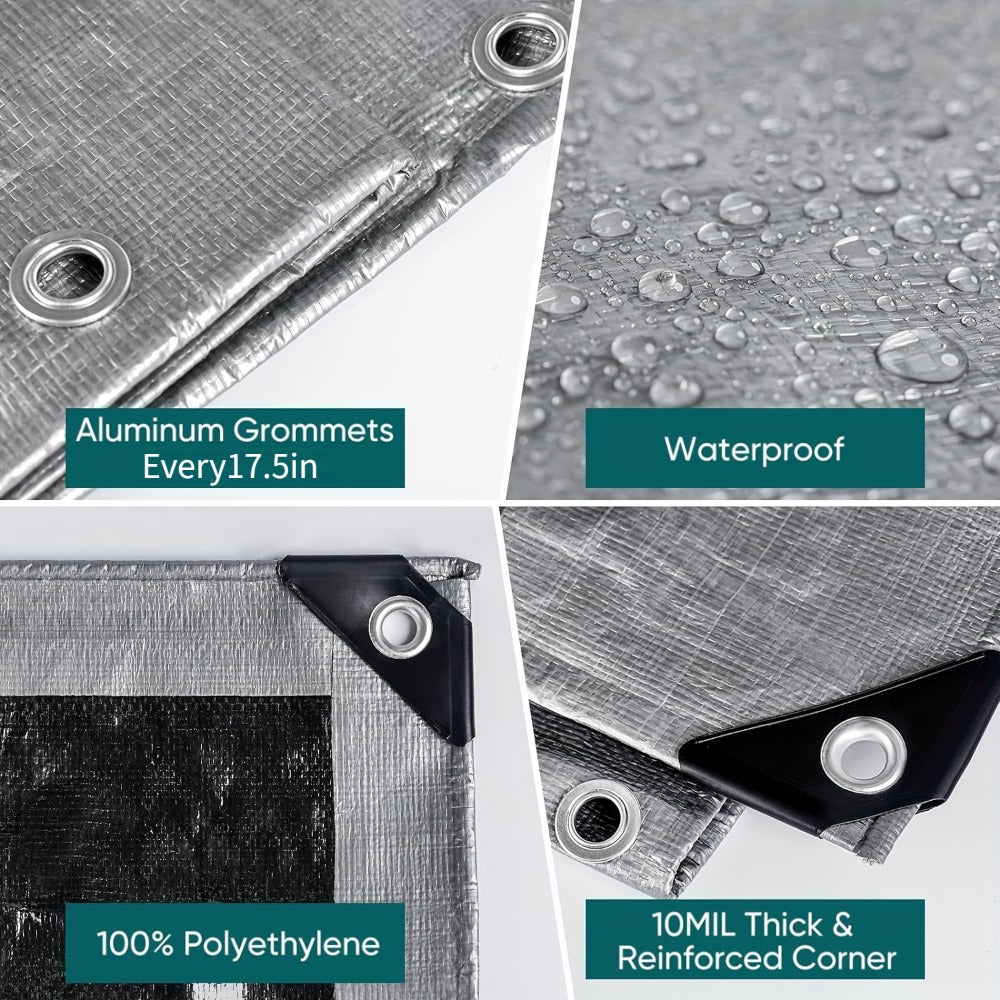 Heavy Duty Waterproof Tarp 2-Pack 10Mil 150GSM Black Silver – Tear-Proof Polyethylene Cover with Reinforced Grommets for Roof Pool Boat Car Camping & Outdoor