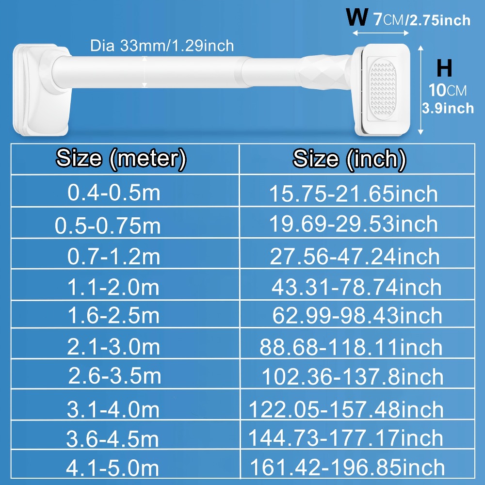 Telescopic Curtain Rod No Drill 15.75"-196.85" Adjustable Shower Curtain Rod 33mm for Large Windows