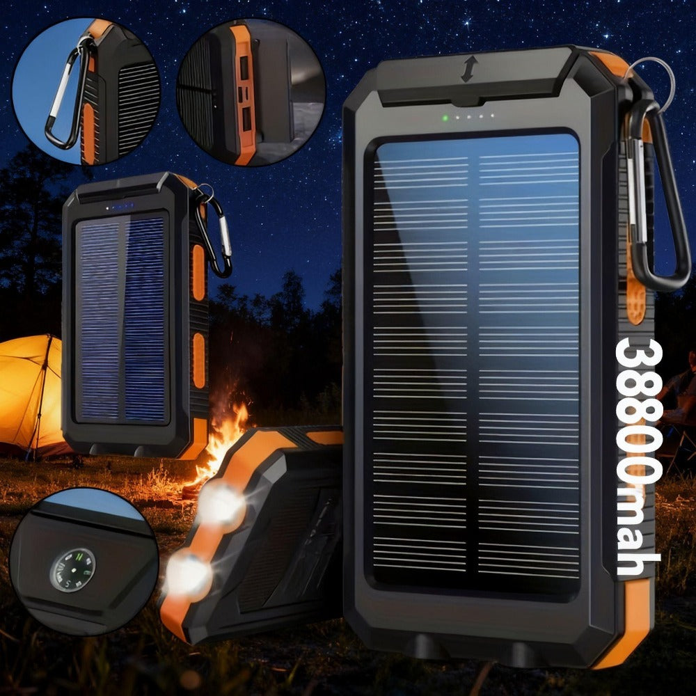 38800mAh Solar Power Bank QC3.0 Fast Charging – USB-C Dual USB Ports LED Flashlight Portable Battery Pack for All Cell Phones Outdoor Camping Hiking Travel Emergency Backup
