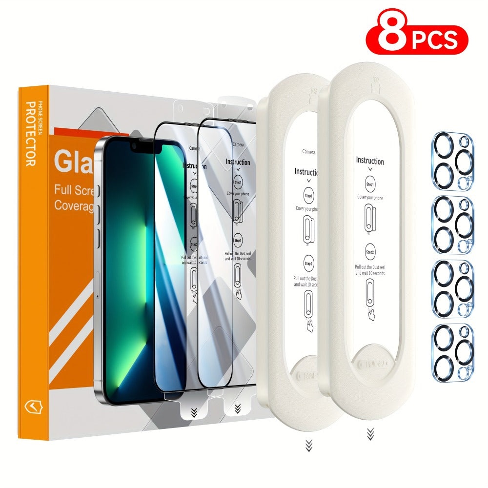 9H Tempered Glass Screen Protector for iPhone 8-Pack with Alignment Tool – 4 Screen + 4 Camera Lens, HD Clear, Bubble-Free, Case Compatible, iPhone 16 Pro Max / 15 / 14 / 13 / 12 / 11 Series