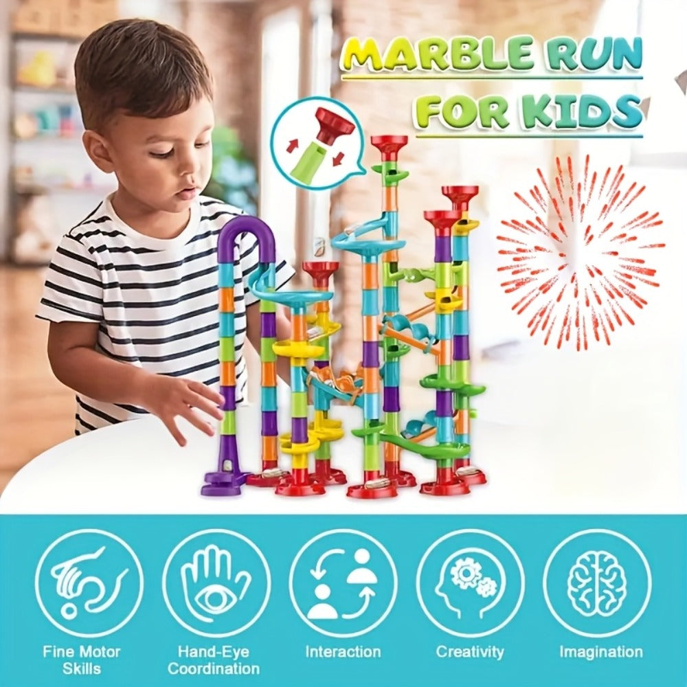 Marble Run Building Block Set with Glass Marbles, 112 or 147 Piece Race Track Toy for Ages 4+