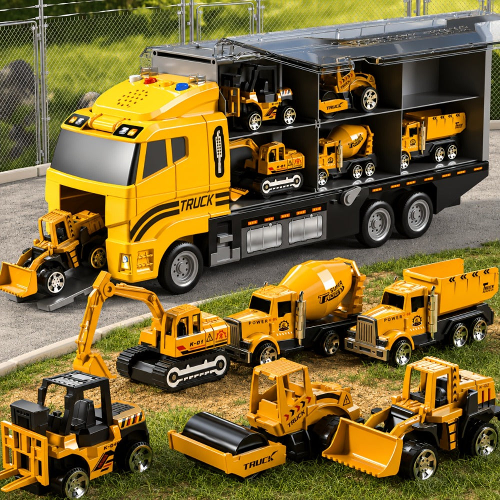 Construction Truck Toy Set, 13-in-1 Carrier with Die-Cast Vehicles and Play Mat