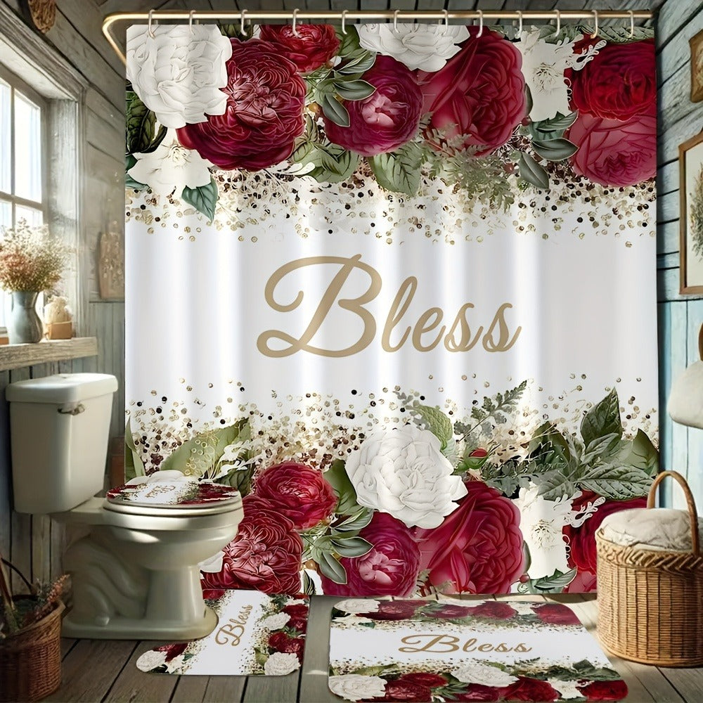 Rose Print Shower Curtain 4-Piece Bathroom Set – Toilet Lid Cover Mat Machine Washable with 12 Hooks Elegant Floral Decor