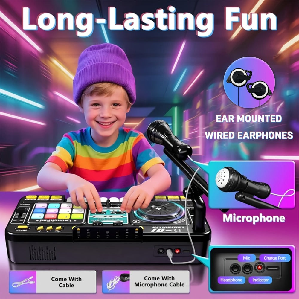 Kids DJ Mixer Toy in Black with LED Lights, Microphone and Piano Keys