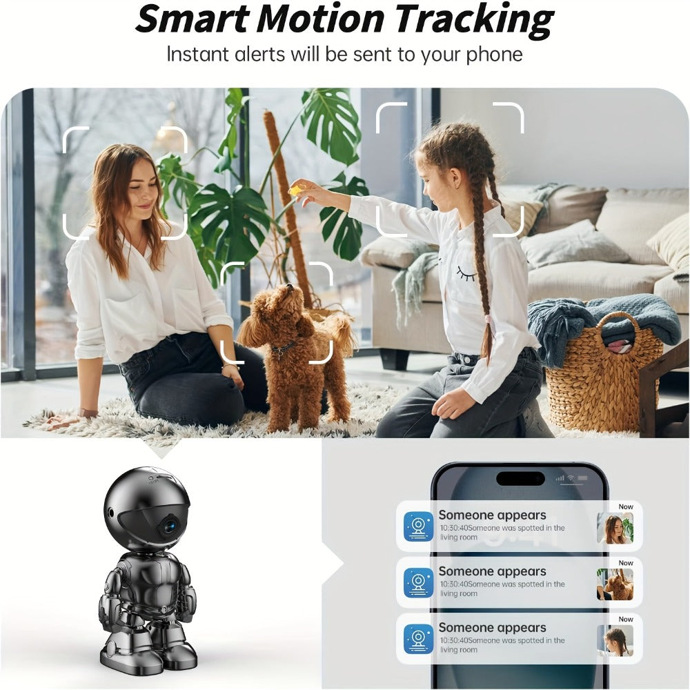 3MP 360° Robot Security Camera Indoor, WiFi Smart Home Camera with Auto Motion Tracking, Two-Way Audio, IR Night Vision, Alexa Compatible, Wireless Surveillance for Baby Pet Elderly Home Monitoring