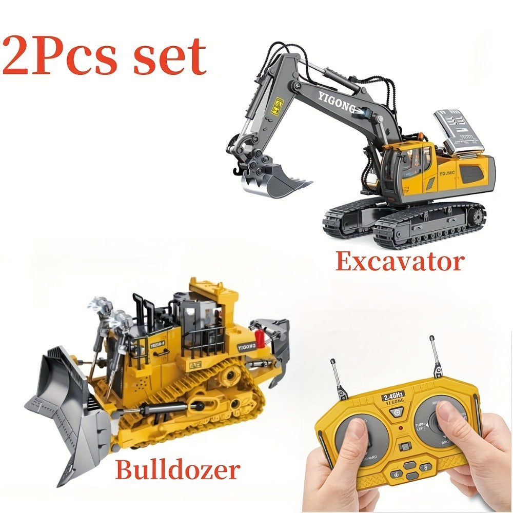 RC Construction Vehicle Set, 2.4GHz 12-Channel Excavator, Dump Truck, Bulldozer & Loader