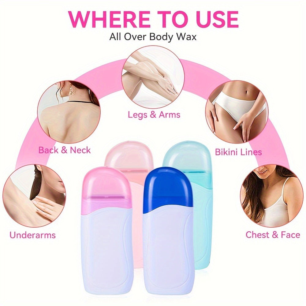 Wax Warmer Roller Kit for Hair Removal — Portable Electric Roll-On Soft Wax Heater for Women & Men, At-Home & Salon Waxing, Smooth Glide Applicator, Travel-Friendly (Light Pink/Green/Blue/White)