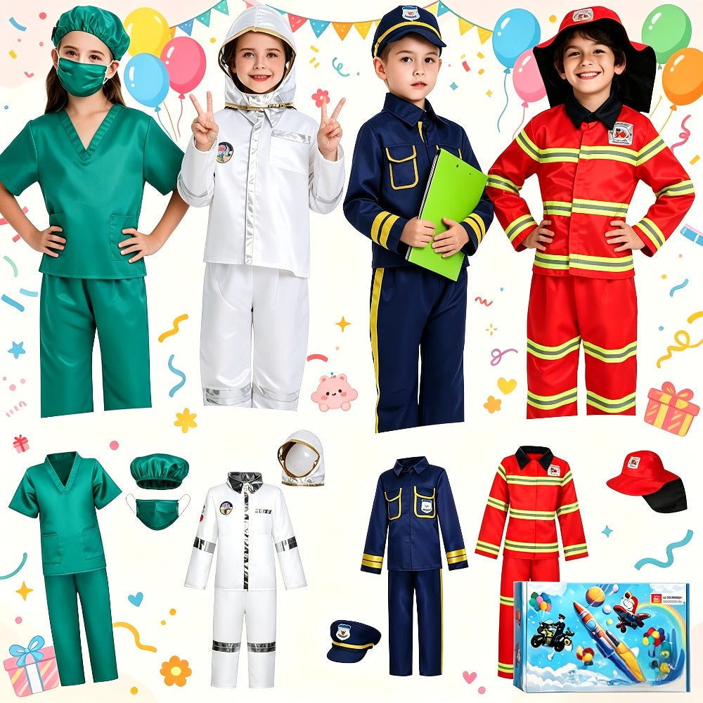 Kids Dress Up Costume Set 4-in-1, Firefighter, Police, Astronaut & Doctor Role Play Costumes