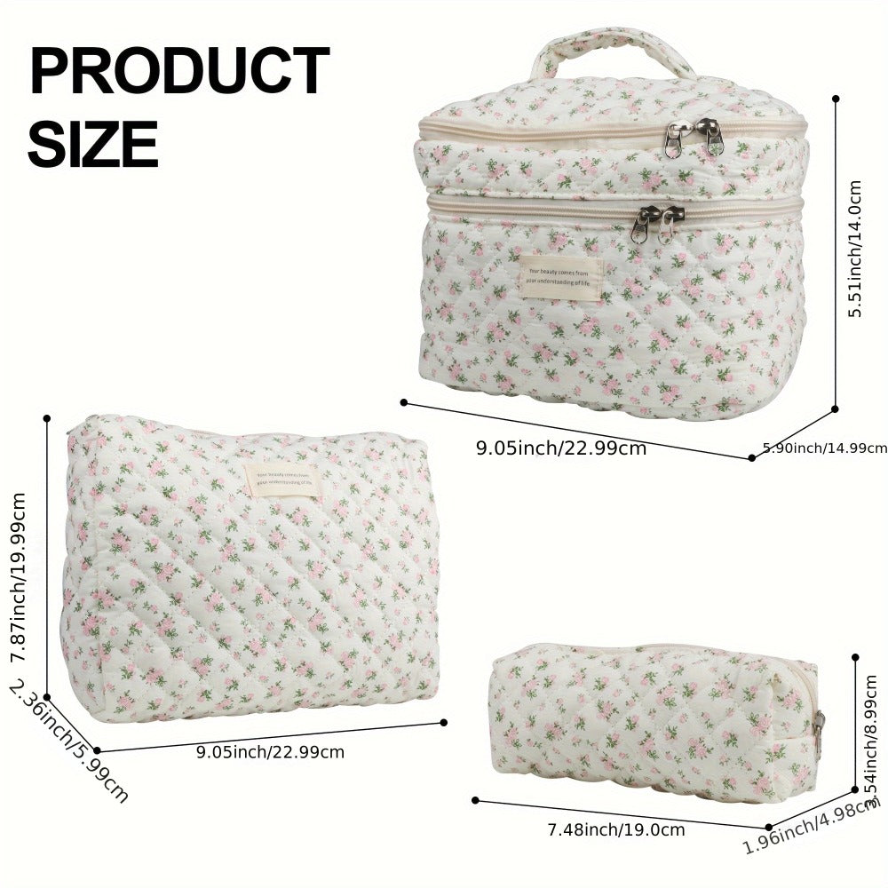 Makeup Bag Set 3 PCS Quilted Cotton Dual Layer Large Capacity Floral Coquette Aesthetic Travel Cosmetic Bag Women Toiletry Organizer Cute Soft Fabric Pouch Blue Pink Purple 6 Styles