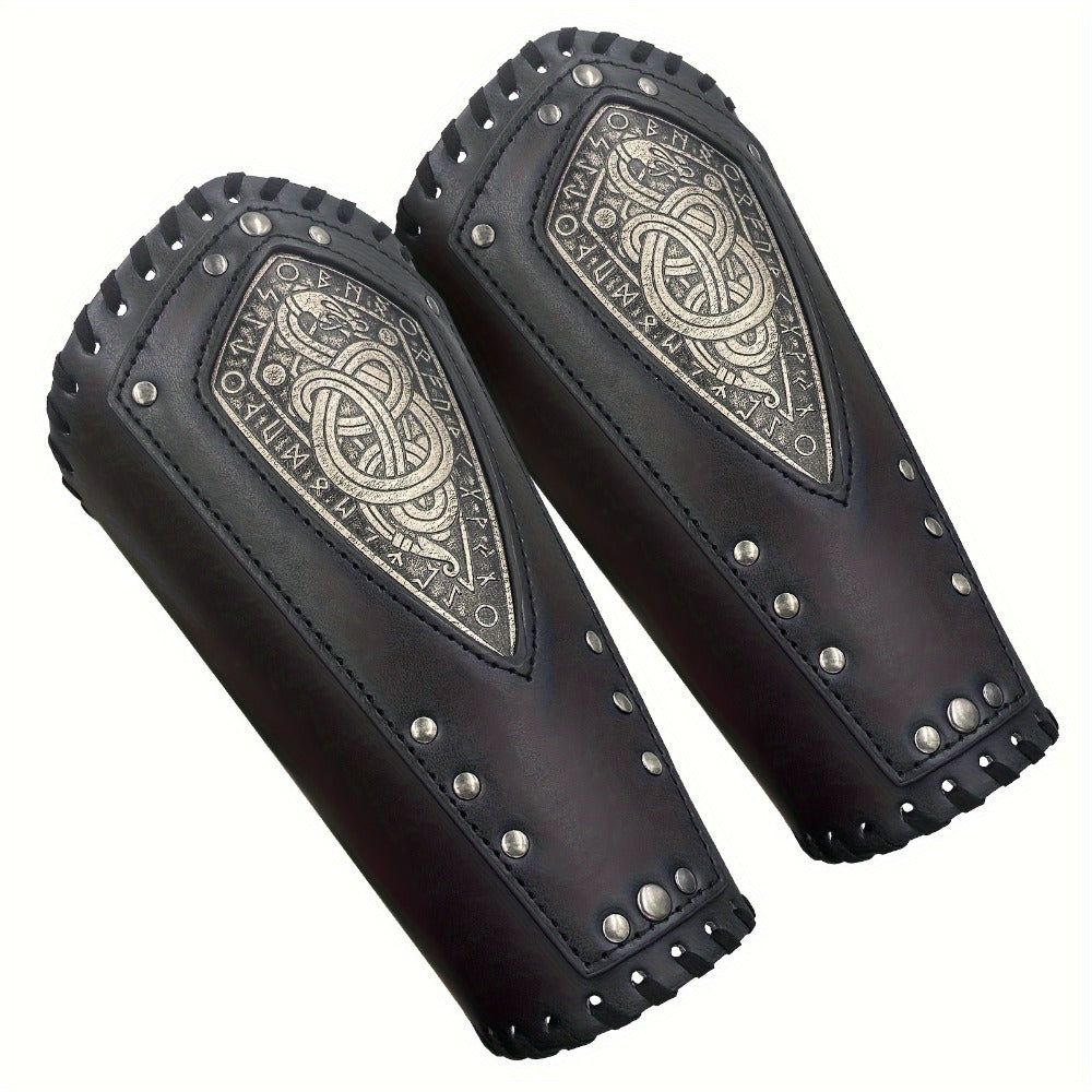 Viking Snake Wrist Guards 2-Pack Medieval Norse Leather Bracers, Nordic Retro Cosplay Props for Halloween LARP Renaissance Faire Costume Accessory, Black & Coffee