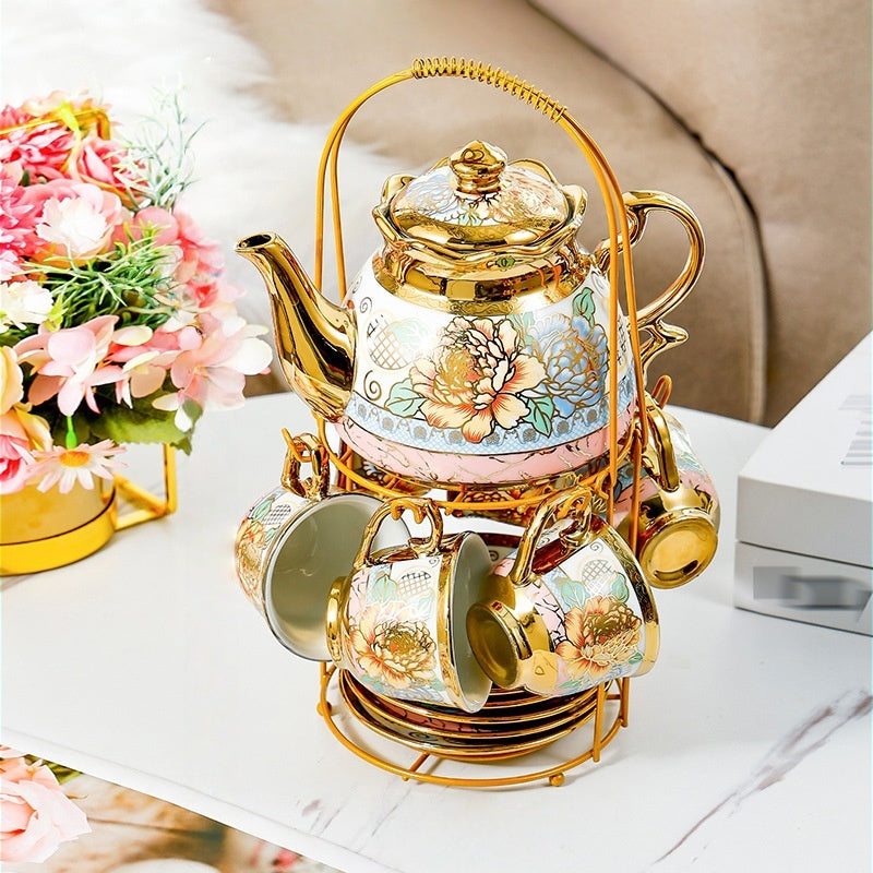 European Floral Ceramic Tea Set 20 Pcs – Italian Style Afternoon Tea Set with Metal Stand – Blooming Pattern Teapot & Cups – Elegant Gift for Tea Lovers & Special Occasions – Golden
