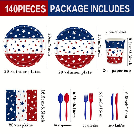 4th of July Party Tableware Set, 140 Paper Plates and Napkins for 20 Guests