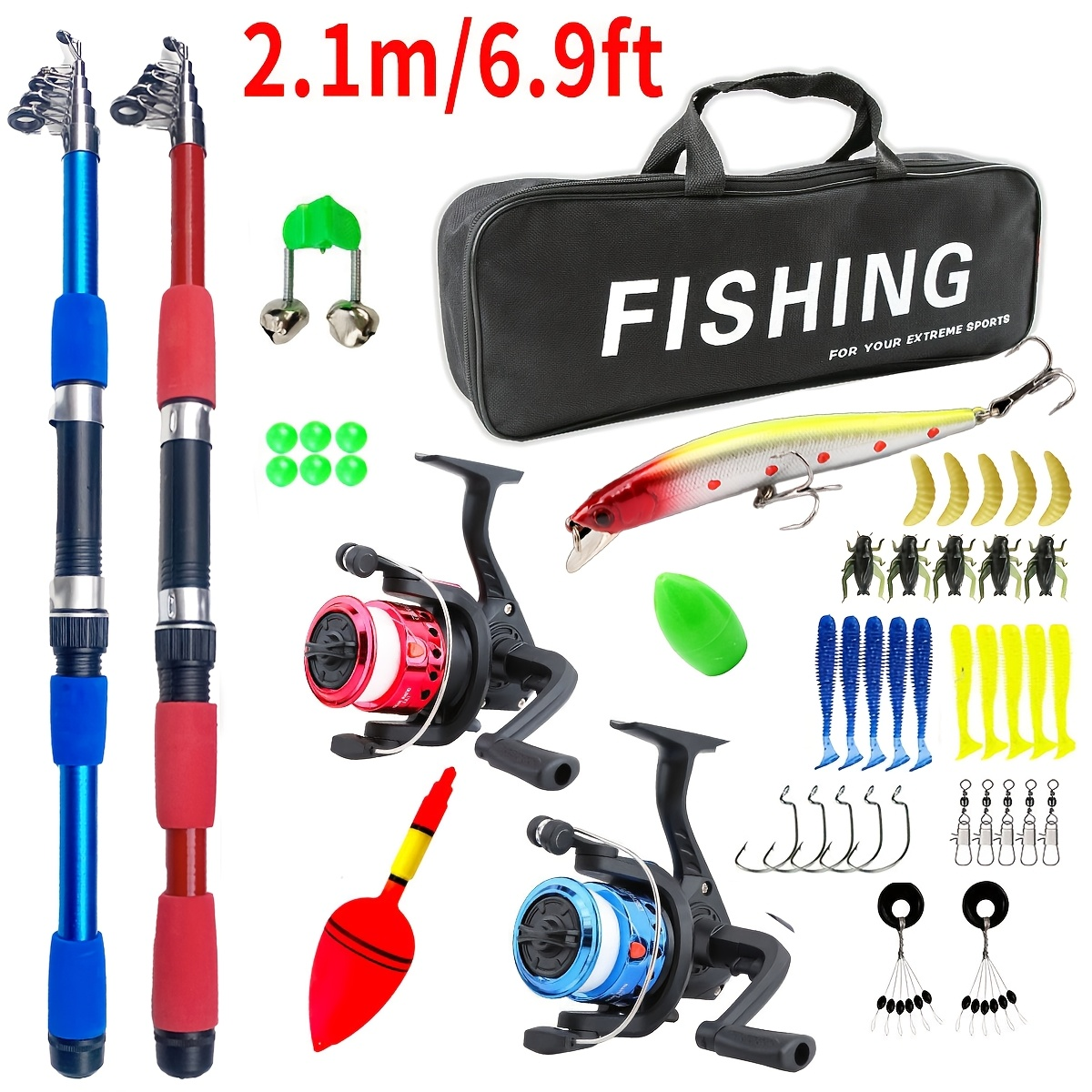 Beginner Fishing Rod & Reel Set – Couple Double Rod Wheel Kit with Red & Blue Fishing Poles 70.87" & 82.68", Complete Fishing Gear Equipment for Beginners Kids Men Women, Freshwater Starter Pack