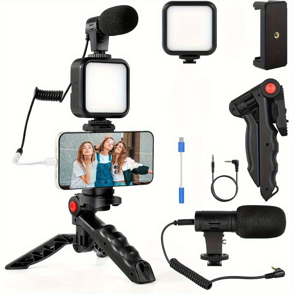 Cardioid Microphone Vlogging Kit for Phone with Mini LED Video Light & Pistol Grip Tripod – Portable Content Creation Setup for YouTube TikTok Instagram Live Streaming Video Calls iPhone Android