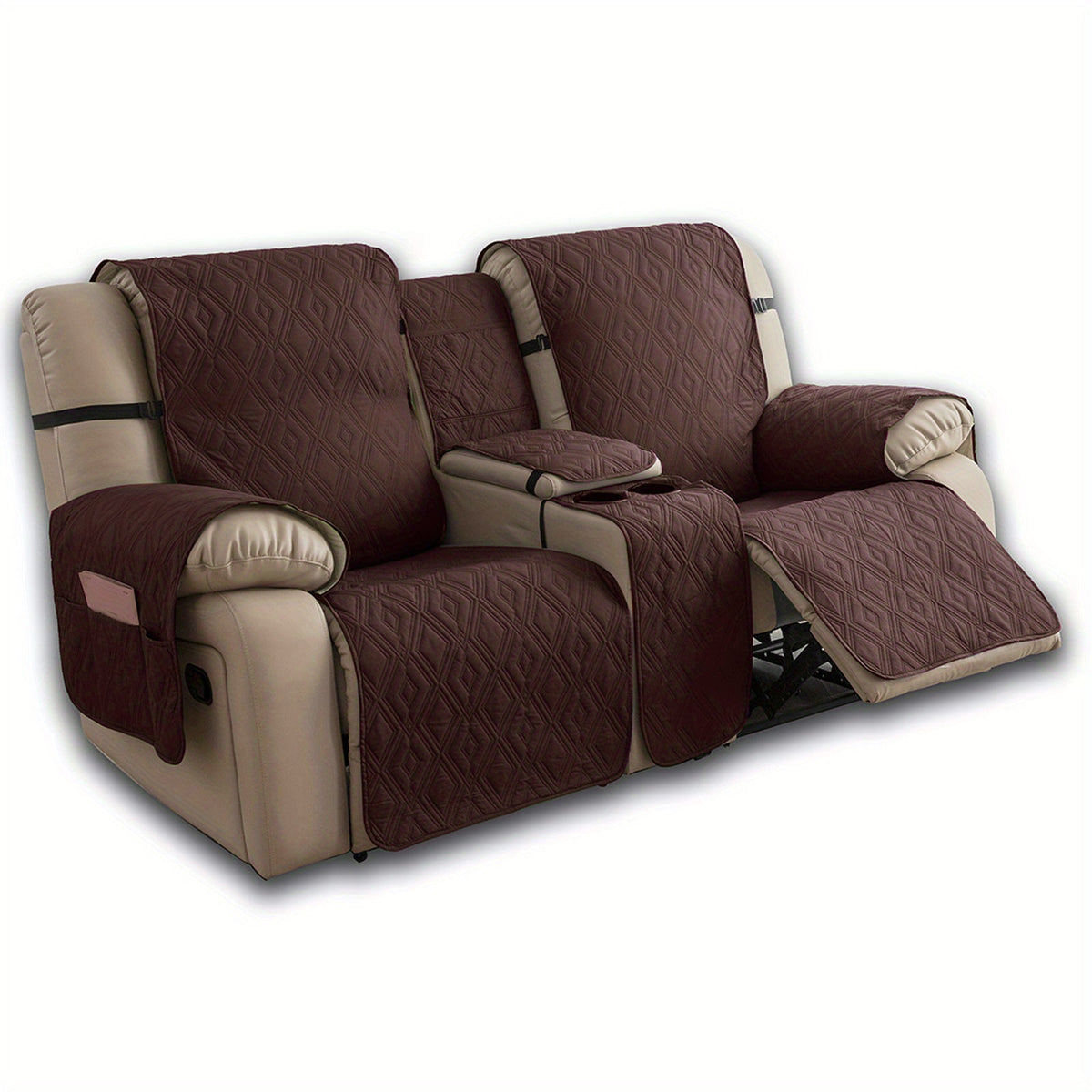 Recliner Loveseat Cover 4 Piece Set Waterproof Split Dual Recliner Sofa Slipcover with Center Console Cover & Straps - Pet Friendly Furniture Protector, Knit Polyester, 8 Colors, Black Grey Beige Navy