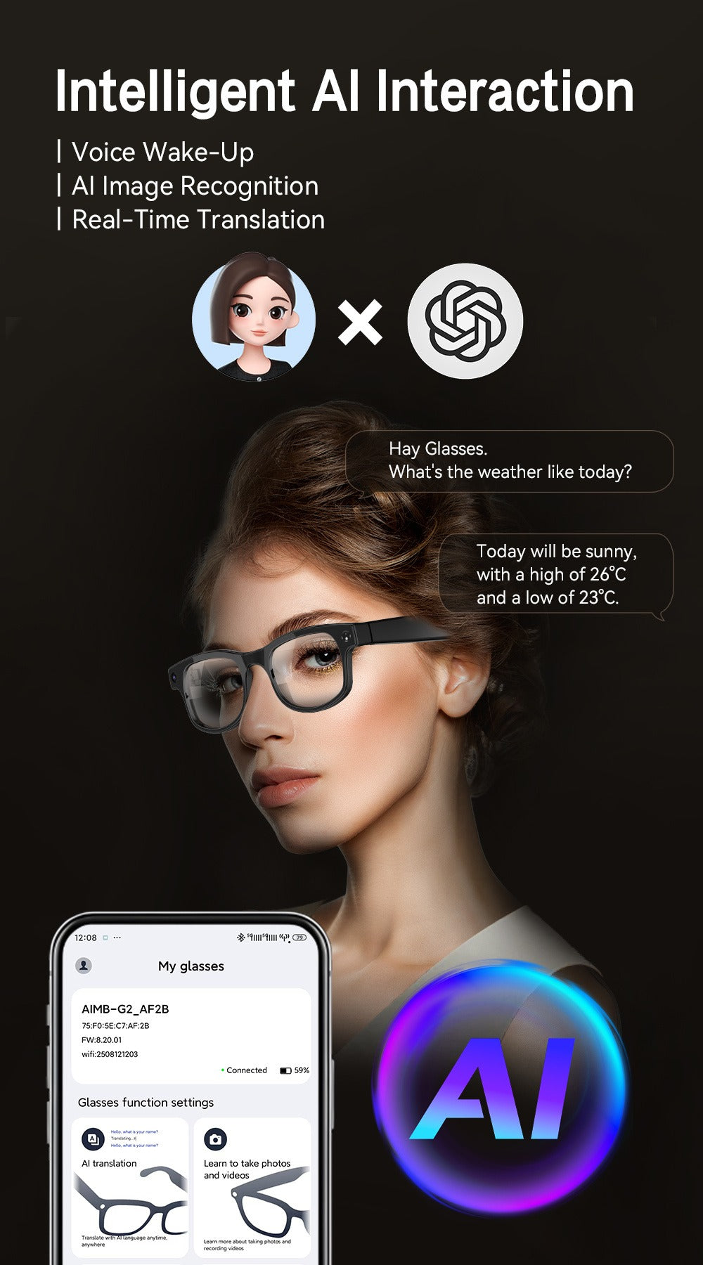 Bluetooth Smart Glasses with 8MP HD Camera – AI Real-Time Translation, Object Recognition, Touch Control, Bluetooth Call & Music, Wearable for Men & Women