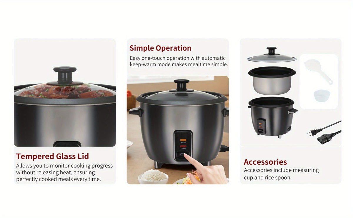 Rice Cooker & Yogurt Maker 3-Cup Nonstick – 1.5Qt Multicooker with Auto Keep Warm, One-Touch Operation, Stainless Steel Inner Liner & Steamer for Grain, Oatmeal & More
