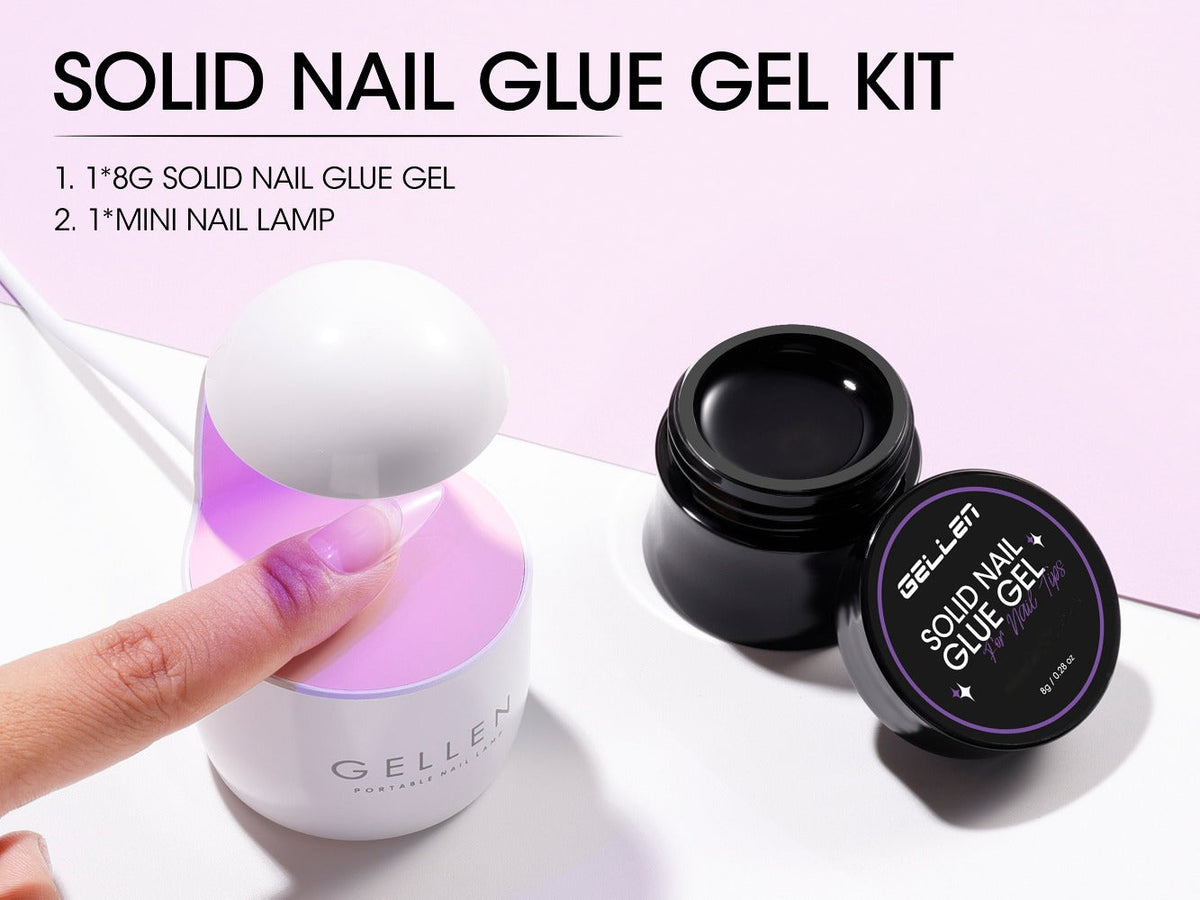 Solid Gel Nail Glue Kit with Mini LED Lamp — 8g UV Cure Gel Glue 28+ Days Long-Lasting Bond for Press On Nails Acrylic Tips Rhinestones, Non-Toxic Natural Resin, Salon & Home Manicure Gift Set