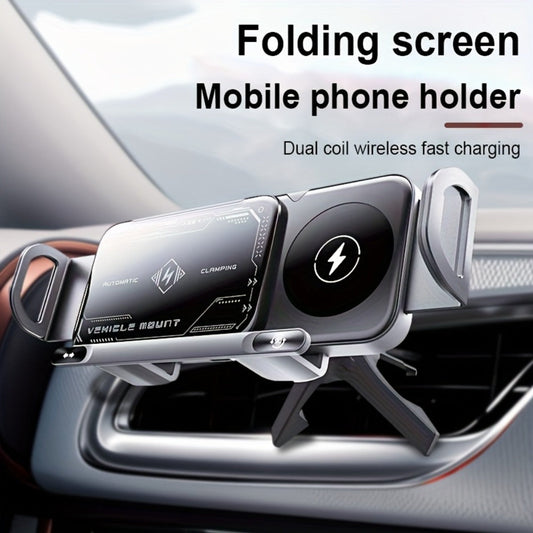 Folding Phone Dual Coil Wireless Car Charger 15W Auto-Clamping 90° Rotation – Car Mount for Samsung Galaxy Z Fold 6 5 4 3, Z Flip 5 4, iPhone 16 15 14 13 12 & Google Pixel 8 7 | Air Vent & Console Stand