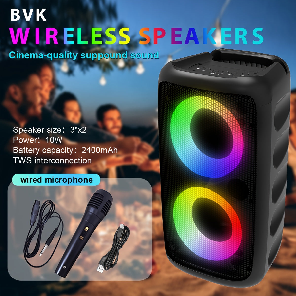KTS-1265 Portable Wireless Bluetooth Dual Speaker with RGB Colorful Ambient Lighting, 2400mAh Battery, Bass Boost Stereo Sound, USB-C Rechargeable, for Parties Camping Home Gatherings Karaoke