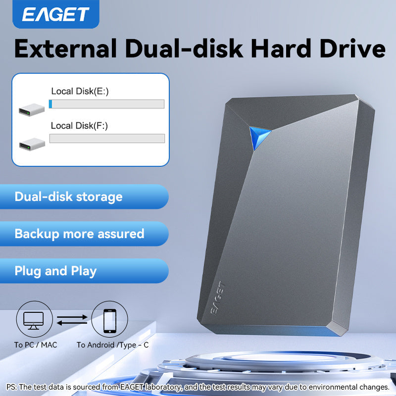 1TB Dual-Disk External Hard Drive USB 3.0 5Gbps High Speed 2.5 Inch Portable HDD Plug and Play for PC Laptop Mac PS4 Xbox Smart TV Data Backup Storage Drive