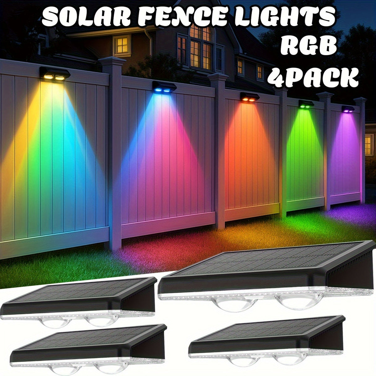 Solar Fence Wall Lights Multicolor LED 9 Modes - Smart Dusk to Dawn Sensor Auto On Off Convex Lens Waterproof for Garden Yard Patio Deck Porch Holiday Christmas Halloween Decoration 4 or 8 Pack