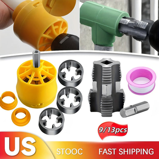 Pipe Threading Set for Power Drills, 9- or 13-Piece Options for 1/2-, 3/4- & 1-Inch Pipes