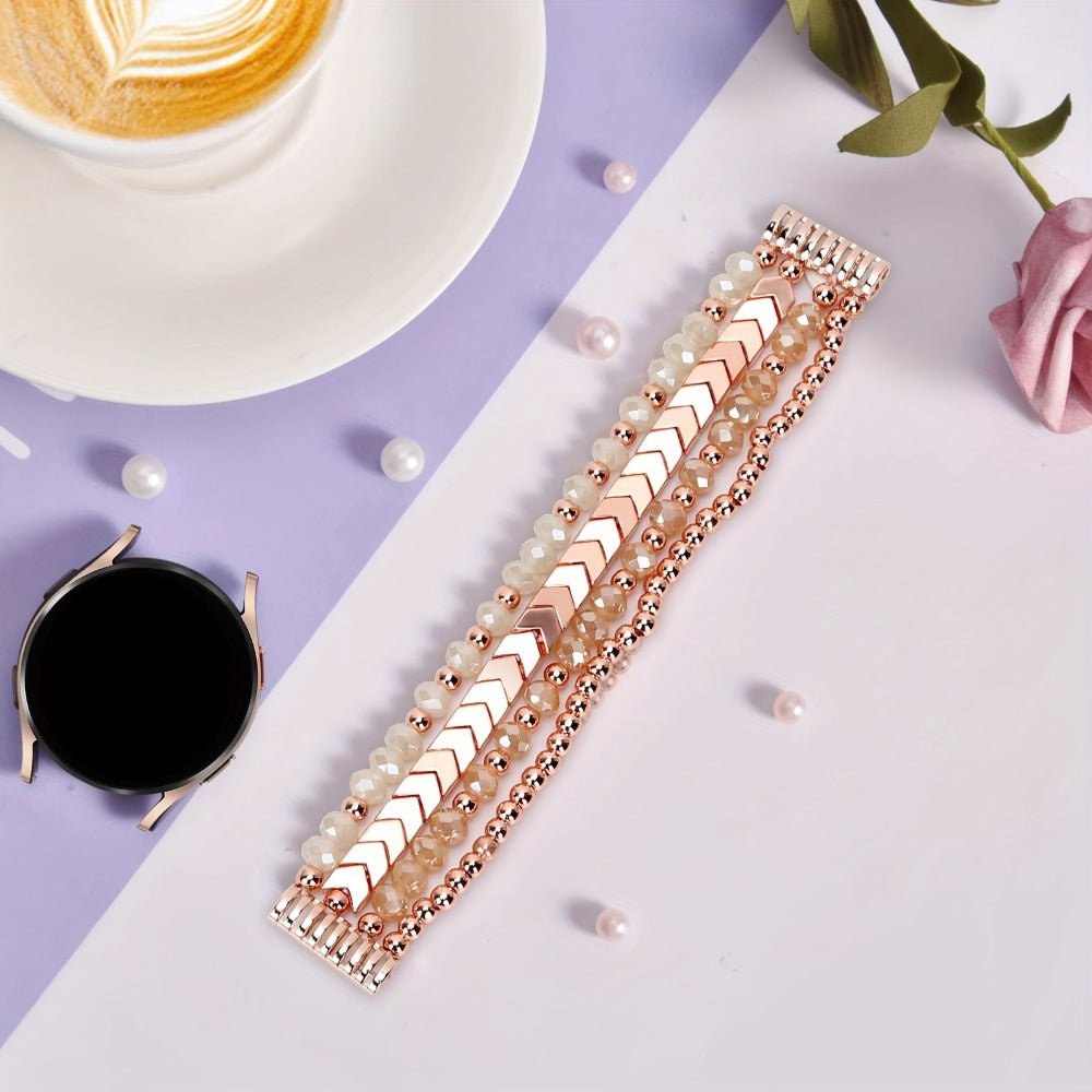 Beaded Watch Band for Samsung Galaxy Watch 4 5 Active 2 Classic 5 Pro 40mm 44mm 42mm 46mm 45mm 20mm Handcrafted Arrow Design Elastic Bracelet Replacement Strap Women Pink Silver Gold