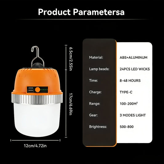 Rechargeable LED Camping Lantern with USB Power Bank and Hanging Hook, Orange