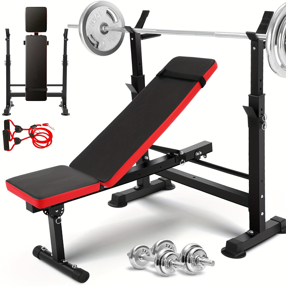 Adjustable Weight Bench Set – Foldable Home Gym Workout Bench with Squat Rack, Leg Developer & Preacher Curl Pad | 3-Second Fast Fold, Full Body Strength Training for Press, Curl & Squat Exercises