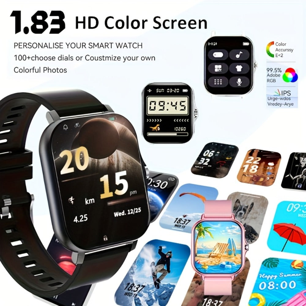 Email Display Smartwatch 1.83" Full Touch – Wireless Calling, Pedometer, Activity Tracker, Multi-Exercise Modes, Dual TPU Strap, USB Rechargeable – Unisex Fitness Watch Pink Silver Black Gold