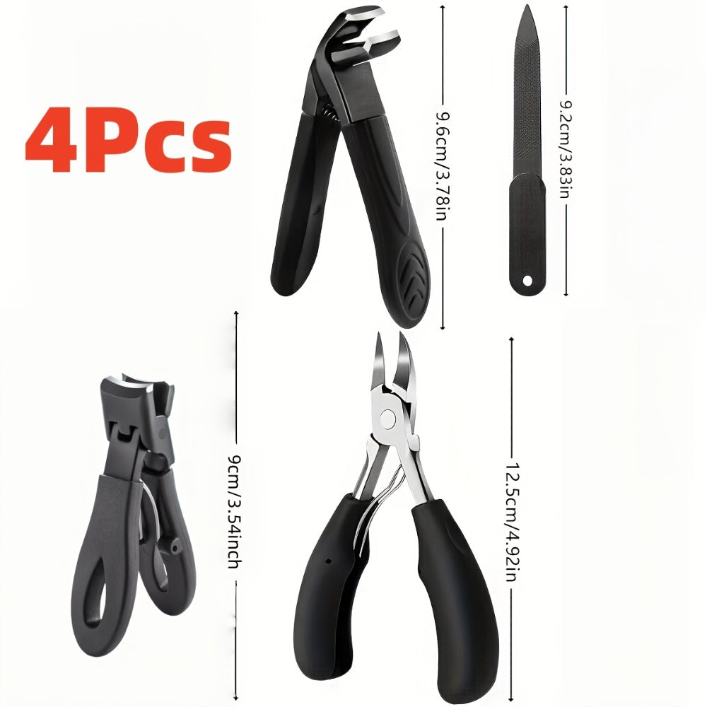 Nail Scissors Set 4pcs for Elderly & Seniors — Extended Handle Curved Blade Anti-Splash Manicure Pedicure Kit, Heavy Duty Professional Home Nail Care with Nail File for Limited Mobility Arthritis