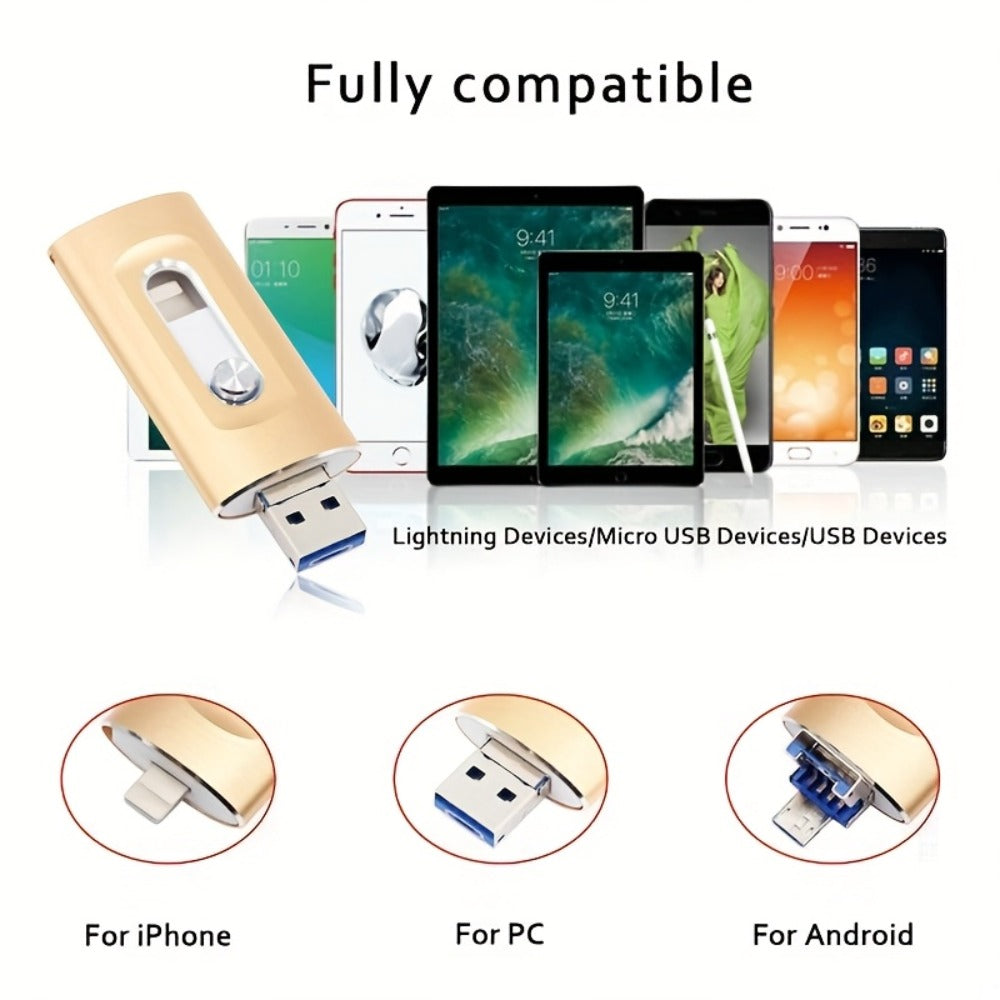 4-in-1 USB 3.0 Flash Drive 128GB 256GB for iPhone, Android, USB-C & PC – Ultra-Fast Data Transfer Thumb Drive Photo Stick Memory Stick with Lightning, Type-C, USB-A & Micro USB Ports