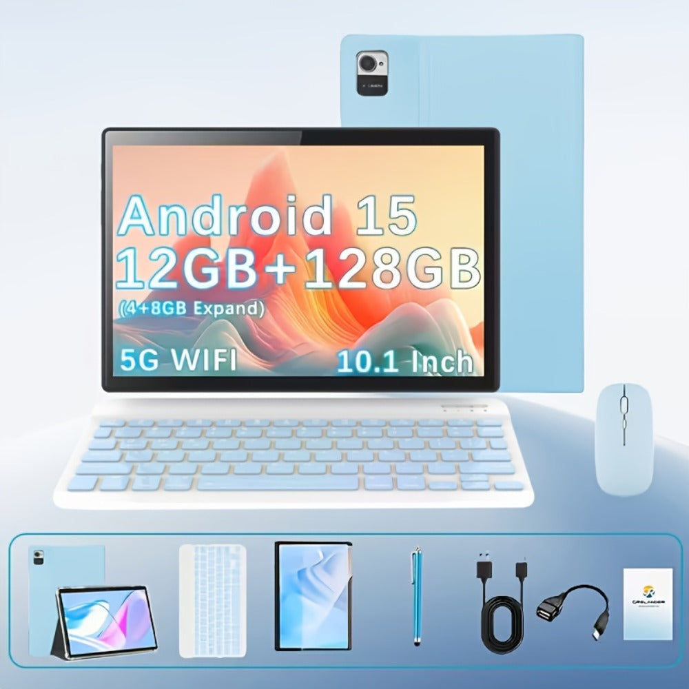 2-in-1 Tablet with Keyboard 10.1 Inch Android 15 12GB RAM 128GB ROM Quad-Core 5G WiFi GMS Certified Type-C 13MP Dual Camera Portable Tablet PC for Work Study – Blue & Gray