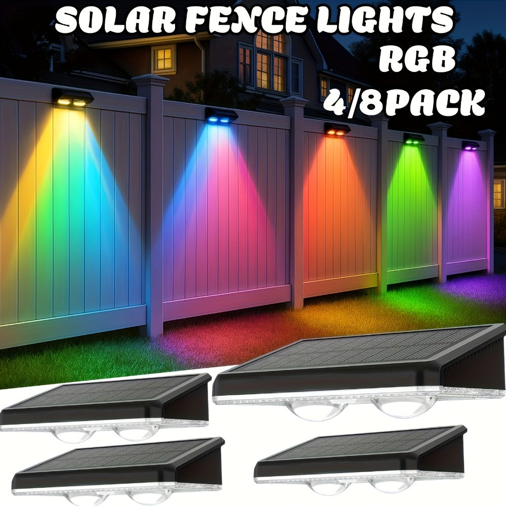 Solar Fence Wall Lights Multicolor LED 9 Modes - Smart Dusk to Dawn Sensor Auto On Off Convex Lens Waterproof for Garden Yard Patio Deck Porch Holiday Christmas Halloween Decoration 4 or 8 Pack