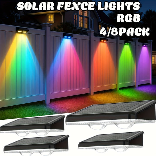 Solar Fence Wall Lights Multicolor LED 9 Modes - Smart Dusk to Dawn Sensor Auto On Off Convex Lens Waterproof for Garden Yard Patio Deck Porch Holiday Christmas Halloween Decoration 4 or 8 Pack