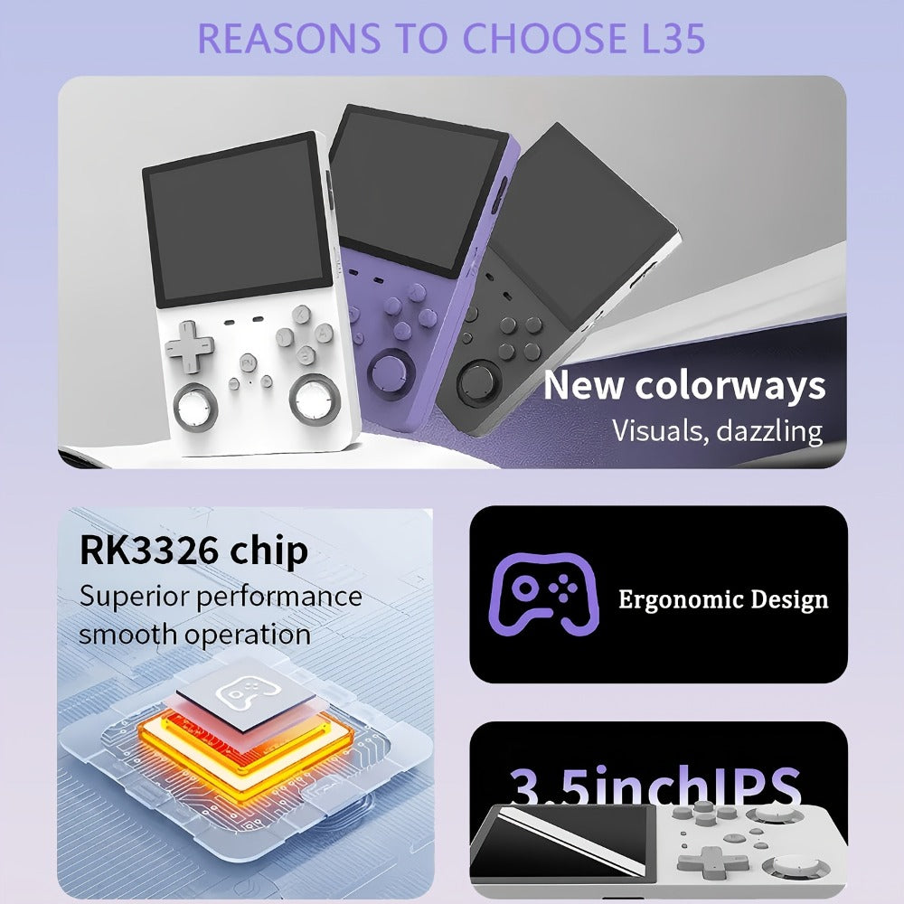 Linux Open Source Handheld Game Console L35 – 3.5 Inch IPS HD Display, Classic Emulators, Ultra-Long Battery Life, Multiple Setup Support, 64GB/128GB Storage, Perfect Holiday & Birthday Gift for Gamers