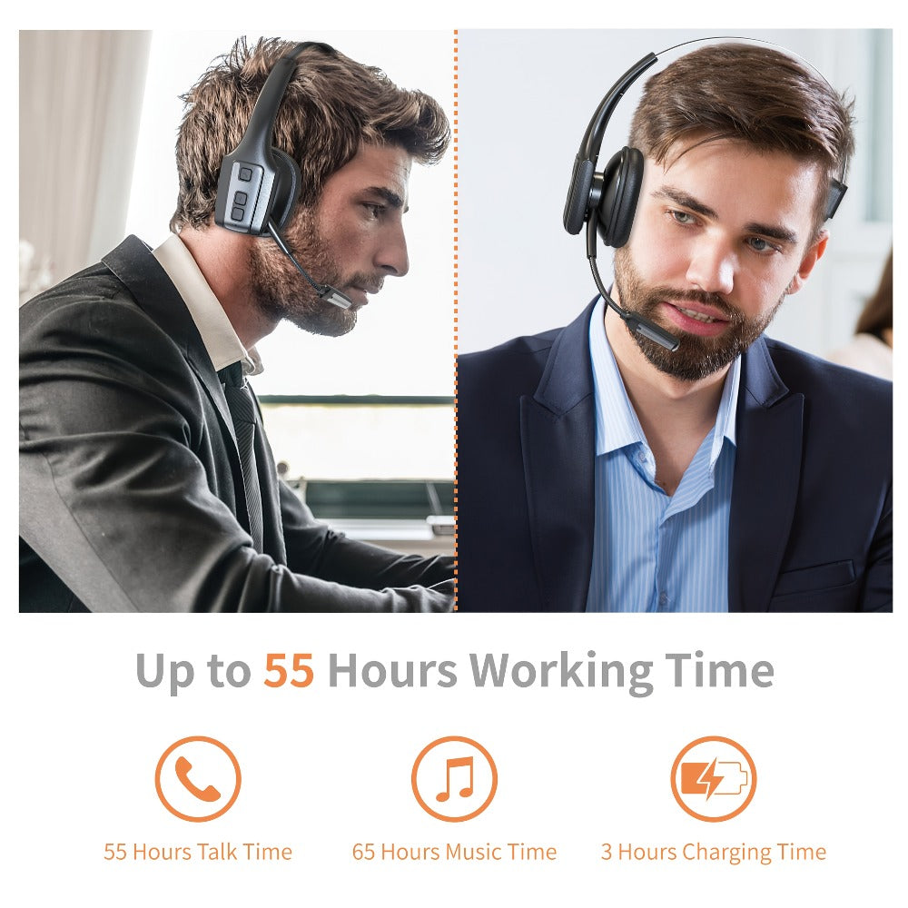 Trucker Bluetooth Headset Single Ear Noise Canceling Wireless Mono Headphone Type-C Charging Dual Device Connection for Teams Zoom Skype Office Calls Portable Lightweight Durable Black