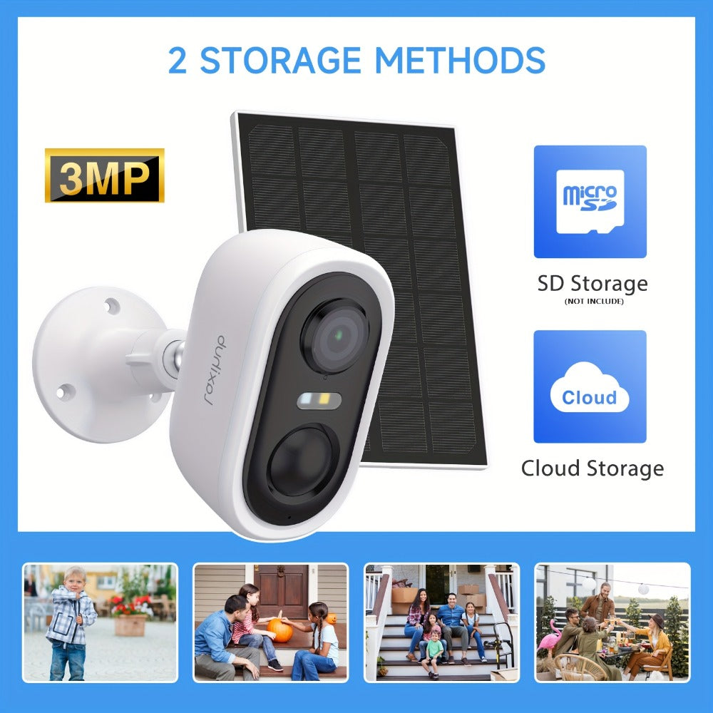 Solar Powered Outdoor Security Camera 3MP 1296P, IP65 Weatherproof, AI Human Motion Detection, Spotlight Color Night Vision, Zone Intrusion Alert, Two-Way Audio, 256GB SD & Cloud – Wire-Free CCTV