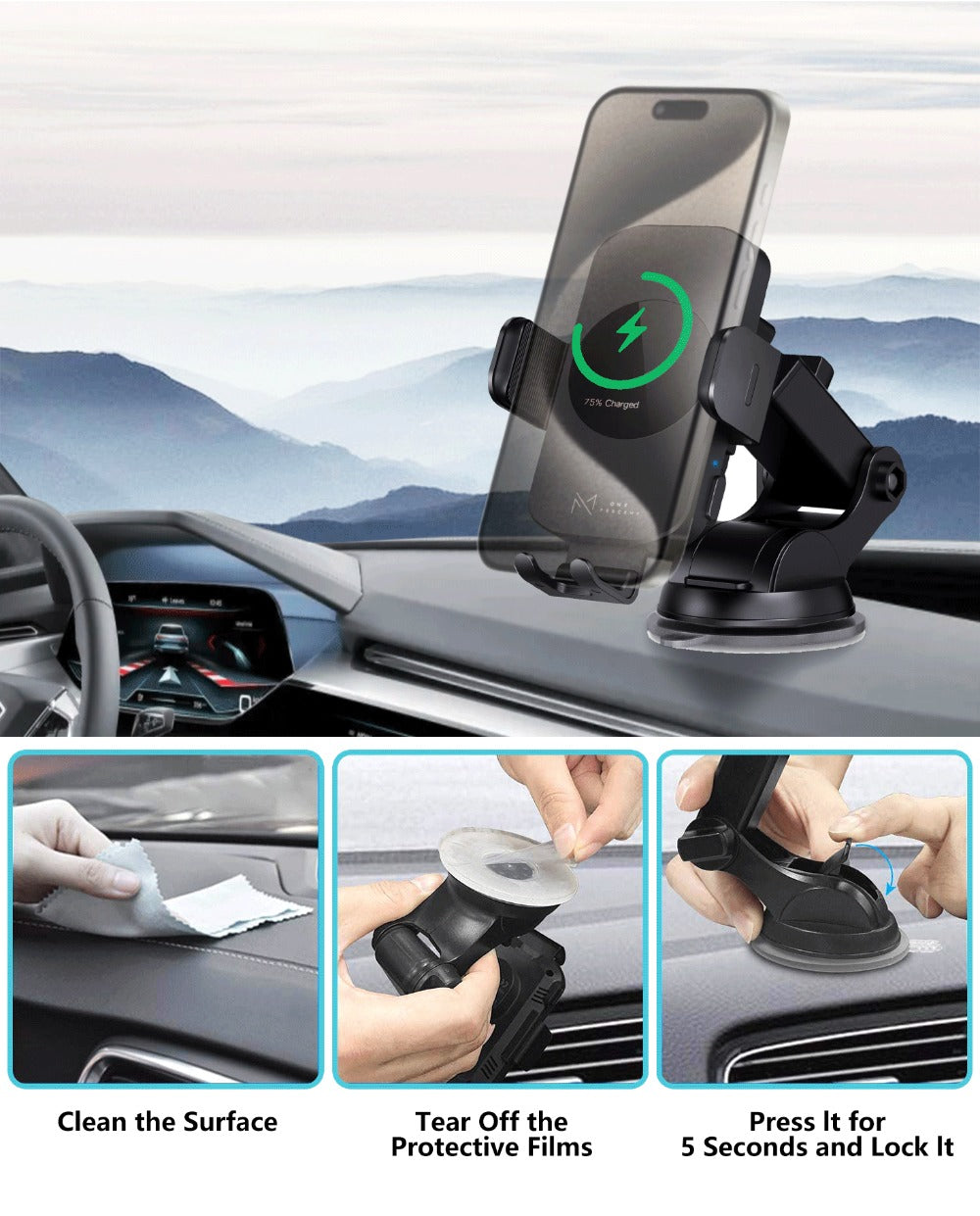 Auto-Clamping Car Wireless Charger 15W Blue Gold Stylish Vent Clip Phone Mount 360° Rotation for iPhone 16 15 14 13 12 11 Pro Max, Samsung Galaxy S24 S23 S22 S21, All Qi Devices – Blue & Gold
