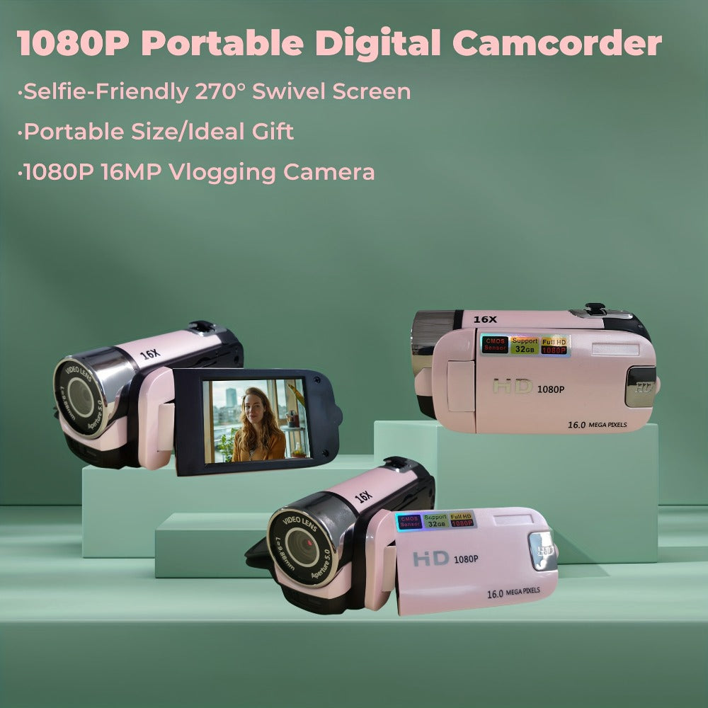 Portable 1080P Digital Camcorder with Rotating Screen & 32G Memory Card | Rechargeable Battery, Selfie Support, Compact Travel Video Camera for Vlogging, Family Gatherings & Everyday Recording